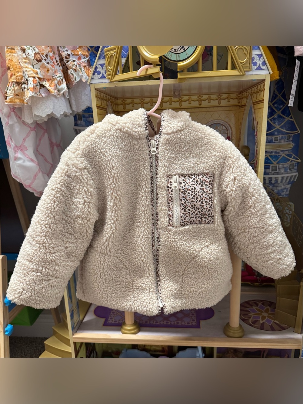 Zara Cream Sherpa Jacket with Dainty Floral Piping and Pocket Detail